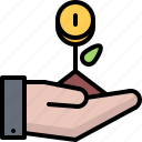 coin, finance, hand, money, note, sprout, startup