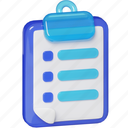 clipboard, list, report, data, task, file, document, business, 3d glass
