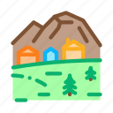 buildings, camping, cave, city, mountain, village, volcano