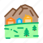 buildings, camping, cave, city, mountain, village, volcano 