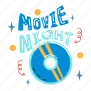 movie night, greeting, disc, movie time, cinema, watching movies, play, entertainment, cute sticker