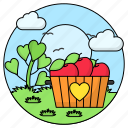 fruits, bucket, apples, landscape, nature, love, clouds