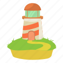 beacon, cartoon, island, landscape, lighthouse, sea, water