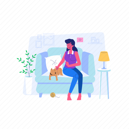 Pet, new normal, animal, dog, woman, girl, work from home illustration - Download on Iconfinder