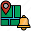 map, location, pointer, bell, ring 