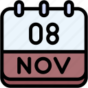 calendar, november, eight, date, monthly, time, and, month, schedule