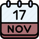 calendar, november, seventeen, date, monthly, time, and, month, schedule