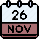 calendar, november, twenty, six, date, monthly, time, and, month, schedule