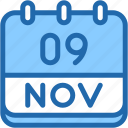 calendar, november, nine, date, monthly, time, and, month, schedule