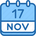 calendar, november, seventeen, date, monthly, time, and, month, schedule