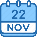 calendar, november, twenty, two, date, monthly, time, and, month, schedule
