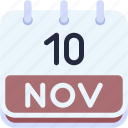 calendar, november, ten, date, monthly, time, and, month, schedule