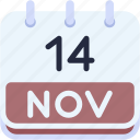 calendar, november, fourteen, date, monthly, time, and, month, schedule