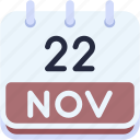 calendar, november, twenty, two, date, monthly, time, and, month, schedule