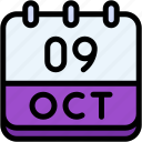 calendar, october, nine, date, monthly, time, and, month, schedule