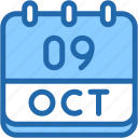 calendar, october, nine, date, monthly, time, and, month, schedule