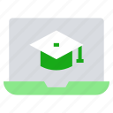 diploma, education, graduation cap, laptop, learning, master, online graduation