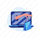 laptop, flat, icon, hand, arm, hold, pacage, purchase, element