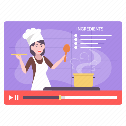 Online, cooking classes, tutorials, female chef, giving, cooking, recipes illustration - Download on Iconfinder