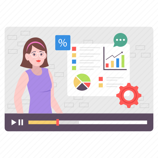 Online, business, tutorial video, analytics, statistics, female, teaching illustration - Download on Iconfinder