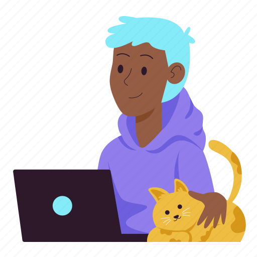 Working, work, laptop, work from home, boy, cat, cat lover icon - Download on Iconfinder