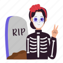 skeleton, rip, woman, grave, costume, halloween, costume party, celebration, horror