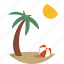 badge, beach, beach ball, outdoor, palm tree, scenery, summer 