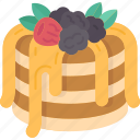 pancakes, fruits, berries, syrup, breakfast