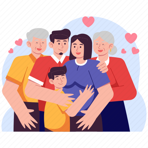 Happy, family, big family, love, valentine, people, hugging illustration - Download on Iconfinder