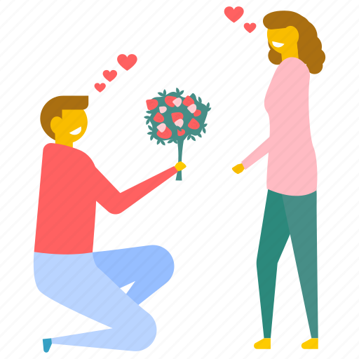 Knee giving bouquet, love proposal, love you, te amo, valentine day illustration - Download on Iconfinder