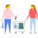 couple chooses wine, couple in supermarket, couple shopping, family shopping, husband and wife shopping 