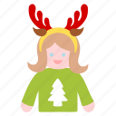 people, christmas, woman, reindeer, costume, tree, headband