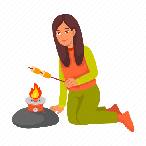 Cooking, fire, food, picnic, travel, vacation, woman icon - Download on Iconfinder
