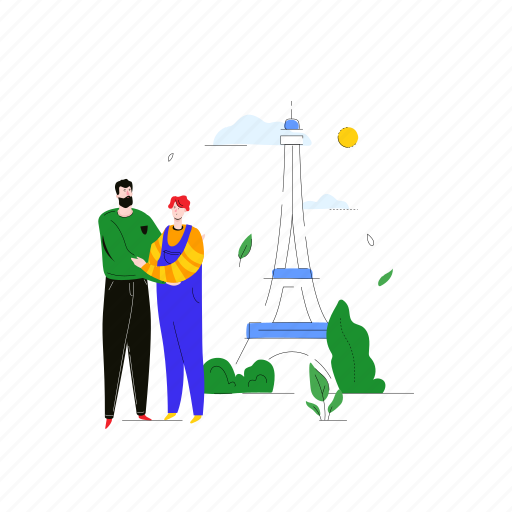 Eiffel, tower, paris, france, couple, valentine, romance illustration - Download on Iconfinder
