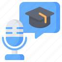 audio, microphone, bubble chat, education, learning, podcast, graduation cap