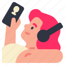listening, podcast, woman, headphone, audio, radio, music