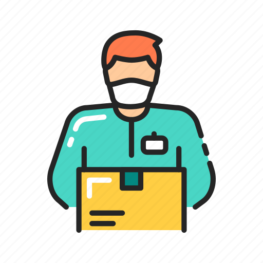 Box, courier, delivery, man, mask, quarantine icon - Download on Iconfinder