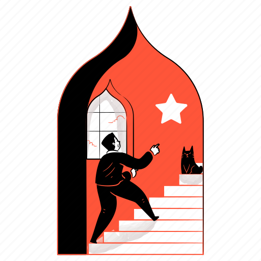 Achievements, star, stairs, climb, promotion, home, cat illustration - Download on Iconfinder