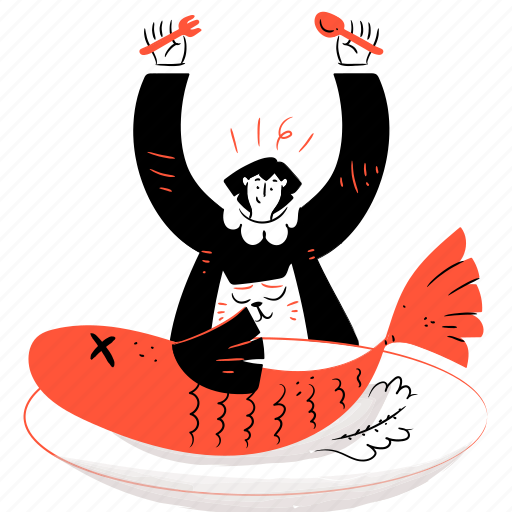 Food, plate, meal, fish, seafood, woman, restaurant illustration - Download on Iconfinder