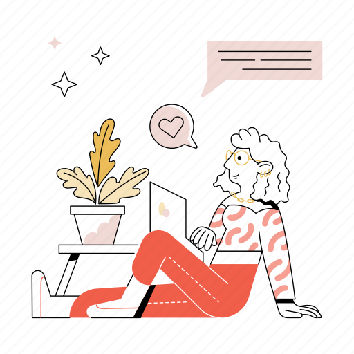 Woman, chatting, friend, laptop, work, home, house illustration - Download on Iconfinder
