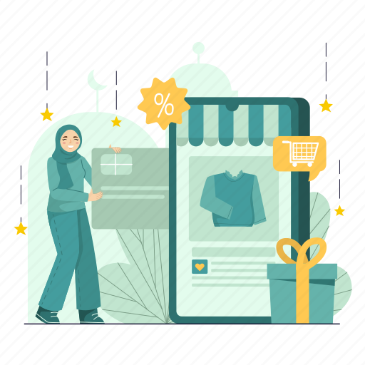 Ramadan, eid, shopping, ecommerce, mobile payment, fashion, online shopping illustration - Download on Iconfinder