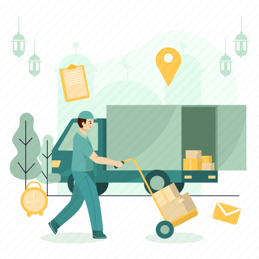 Ramadan, eid, shopping, ecommerce, truck delivery, package, courier illustration - Download on Iconfinder