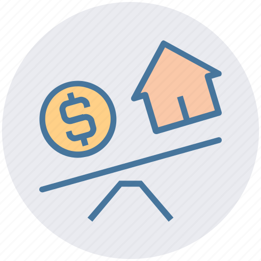 Balance, house, house and dollar, property, real estate, scale, see saw icon - Download on Iconfinder
