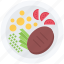 beefsteak, food, meat, plate, potato, restaurant, tomato 