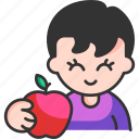 apple, food, snacks, boy, fruit, student