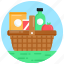 food basket, food bucket, picnic basket, basket of goods, picnic bucket 