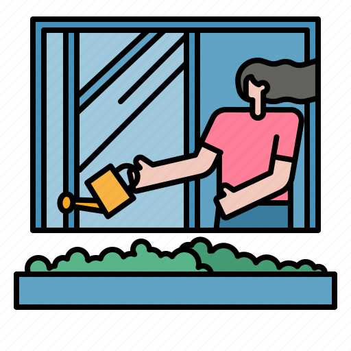 Open, morning, window, household, women, watering icon - Download on Iconfinder