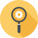 cogwheel, explore, magnifier, optimization, search, seo, view