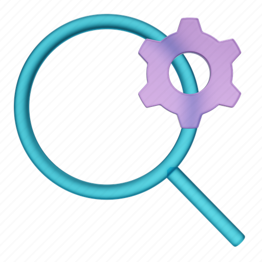 Search, gear, render, magnifying glass, zoom, aim, target 3D illustration - Download on Iconfinder