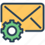 communications, envelope, gear, letter, mail, seo, settings 